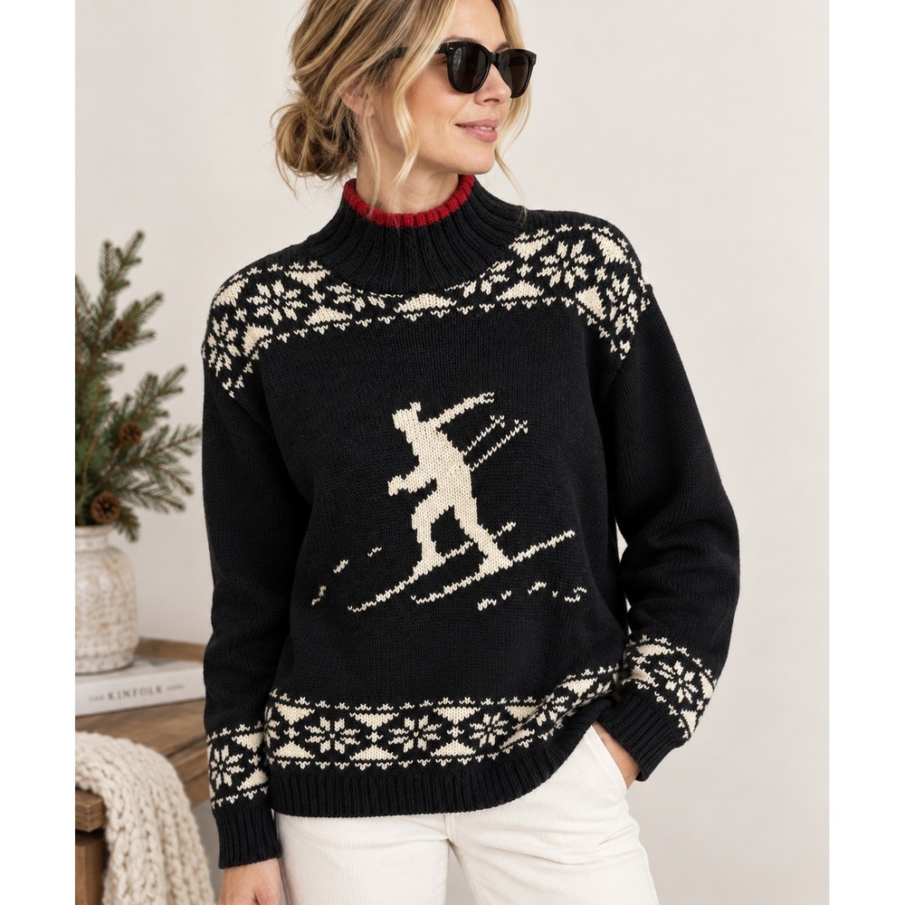 Lauren Ralph Lauren Vintage Hand Knit Skier Sweater Black Linen Cotton Large